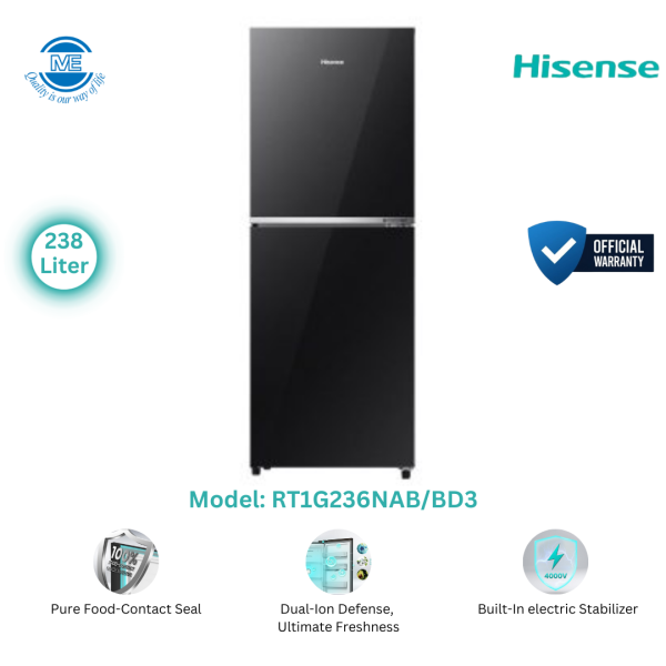 HISENSE 238 Liter Top Mount Premium Black Refrigerator | RT1G236NAB/BD3